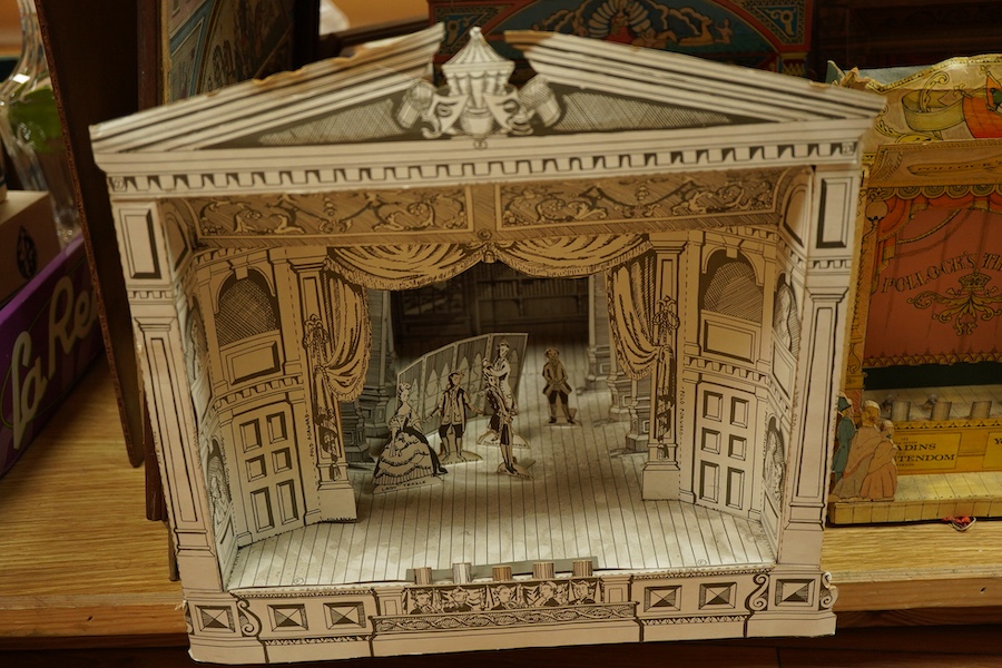 Five card toy theatres and a book The World of Toy Theatres, by Peter Baldwin. Largest front panel 36.5cm high